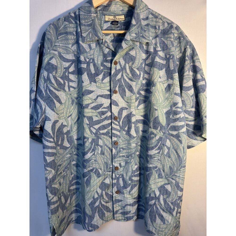 Tommy Bahama 100%‎ Silk Hawaiian Shirt Blue Green Leaf Print Men’s L